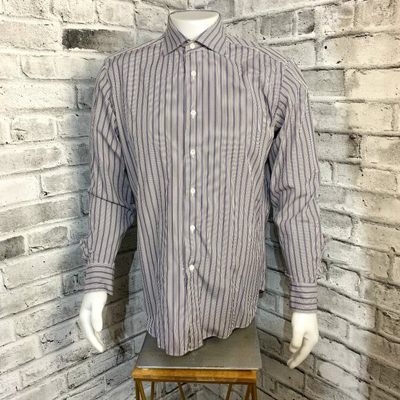 Canali Dress Shirt Mens 16.5/42 Blue Brown Striped Designer Italy - Picture 1 of 13